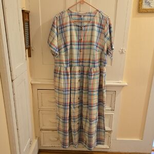 Woman Within Cream Plaid Button-Front Midi Dress